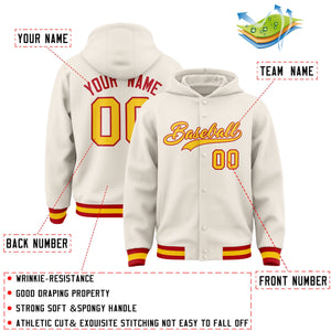 Custom Cream Gold-Red Varsity Full-Snap Letterman Classic Hoodie Jacket