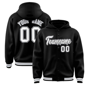 Custom Black White-Black Varsity Full-Snap Letterman Classic Hoodie Jacket