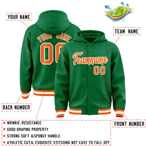 Custom Kelly Green Orange-White Varsity Full-Snap Letterman Classic Hoodie Jacket