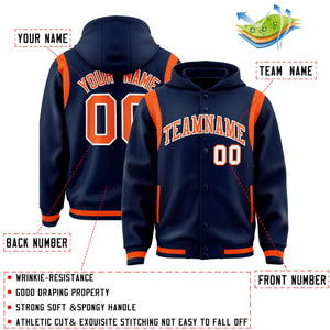 Custom Navy Orange Varsity Full-Snap Letterman Shoulder Color Block Hoodie Jacket