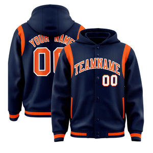 Custom Navy Orange Varsity Full-Snap Letterman Shoulder Color Block Hoodie Jacket