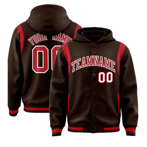 Custom Brown Red Varsity Full-Snap Letterman Shoulder Color Block Hoodie Jacket