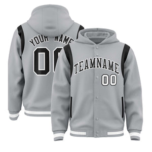 Custom Silver Black Varsity Full-Snap Letterman Shoulder Color Block Hoodie Jacket