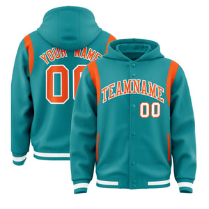 Custom Aqua Orange Varsity Full-Snap Letterman Shoulder Color Block Hoodie Jacket