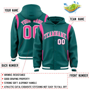 Custom Aqua Pink Varsity Full-Snap Letterman Shoulder Color Block Hoodie Jacket