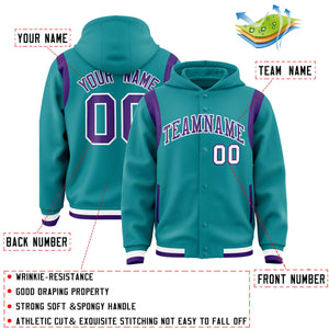 Custom Aqua Purple Varsity Full-Snap Letterman Shoulder Color Block Hoodie Jacket