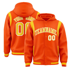 Custom Orange Gold Varsity Full-Snap Letterman Shoulder Color Block Hoodie Jacket