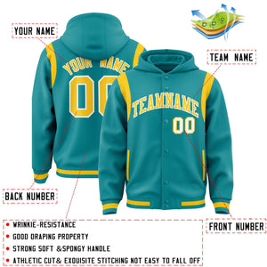 Custom Aqua Gold Varsity Full-Snap Letterman Shoulder Color Block Hoodie Jacket