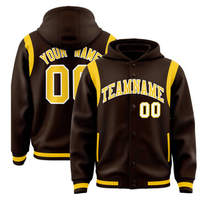 Custom Brown Gold Varsity Full-Snap Letterman Shoulder Color Block Hoodie Jacket