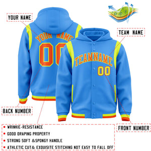 Custom Powder Blue Orange Varsity Full-Snap Letterman Shoulder Color Block Hoodie Jacket