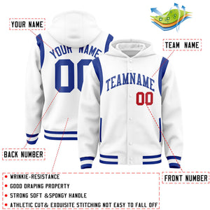 Custom White Royal Varsity Full-Snap Letterman Shoulder Color Block Hoodie Jacket