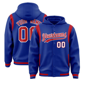 Custom Royal Red Varsity Full-Snap Letterman Shoulder Color Block Hoodie Jacket