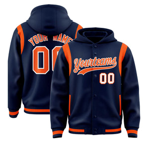 Custom Navy Orange Varsity Full-Snap Letterman Shoulder Color Block Hoodie Jacket