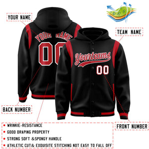 Custom Black Red Varsity Full-Snap Letterman Shoulder Color Block Hoodie Jacket