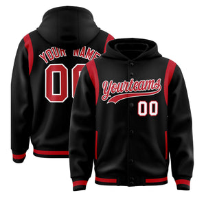 Custom Black Red Varsity Full-Snap Letterman Shoulder Color Block Hoodie Jacket