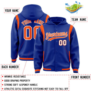 Custom Royal Orange Varsity Full-Snap Letterman Shoulder Color Block Hoodie Jacket