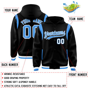 Custom Black Powder Blue Varsity Full-Snap Letterman Shoulder Color Block Hoodie Jacket