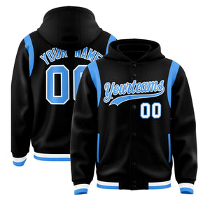 Custom Black Powder Blue Varsity Full-Snap Letterman Shoulder Color Block Hoodie Jacket