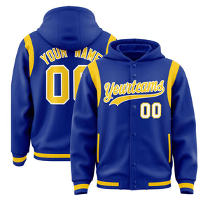 Custom Royal Gold Varsity Full-Snap Letterman Shoulder Color Block Hoodie Jacket