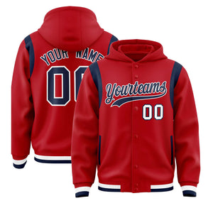 Custom Red Navy Varsity Full-Snap Letterman Shoulder Color Block Hoodie Jacket