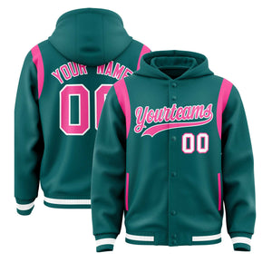 Custom Aqua Pink Varsity Full-Snap Letterman Shoulder Color Block Hoodie Jacket