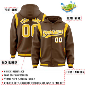 Custom Light Brown Gold Varsity Full-Snap Letterman Shoulder Color Block Hoodie Jacket