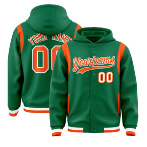 Custom Kelly Green Orange Varsity Full-Snap Letterman Shoulder Color Block Hoodie Jacket