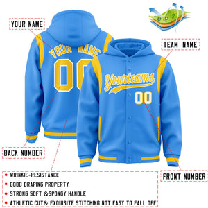 Custom Powder Blue Gold Varsity Full-Snap Letterman Shoulder Color Block Hoodie Jacket