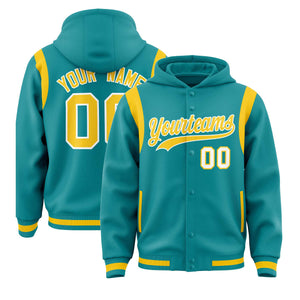 Custom Aqua Gold Varsity Full-Snap Letterman Shoulder Color Block Hoodie Jacket