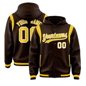 Custom Brown Gold Varsity Full-Snap Letterman Shoulder Color Block Hoodie Jacket