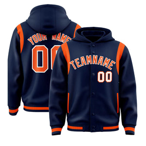 Custom Navy Orange Varsity Full-Snap Letterman Shoulder Color Block Hoodie Jacket