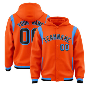 Custom Orange Black Varsity Full-Snap Letterman Shoulder Color Block Hoodie Jacket