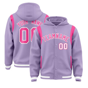 Custom Light Purple Pink Varsity Full-Snap Letterman Shoulder Color Block Hoodie Jacket