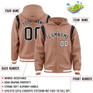 Custom Coffee Brown Black Varsity Full-Snap Letterman Shoulder Color Block Hoodie Jacket