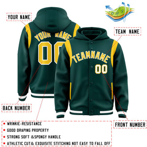 Custom Midnight Green Gold Varsity Full-Snap Letterman Shoulder Color Block Hoodie Jacket