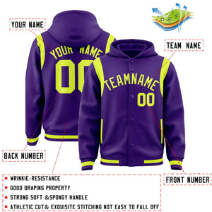 Custom Purple Fluorescent Green Varsity Full-Snap Letterman Shoulder Color Block Hoodie Jacket