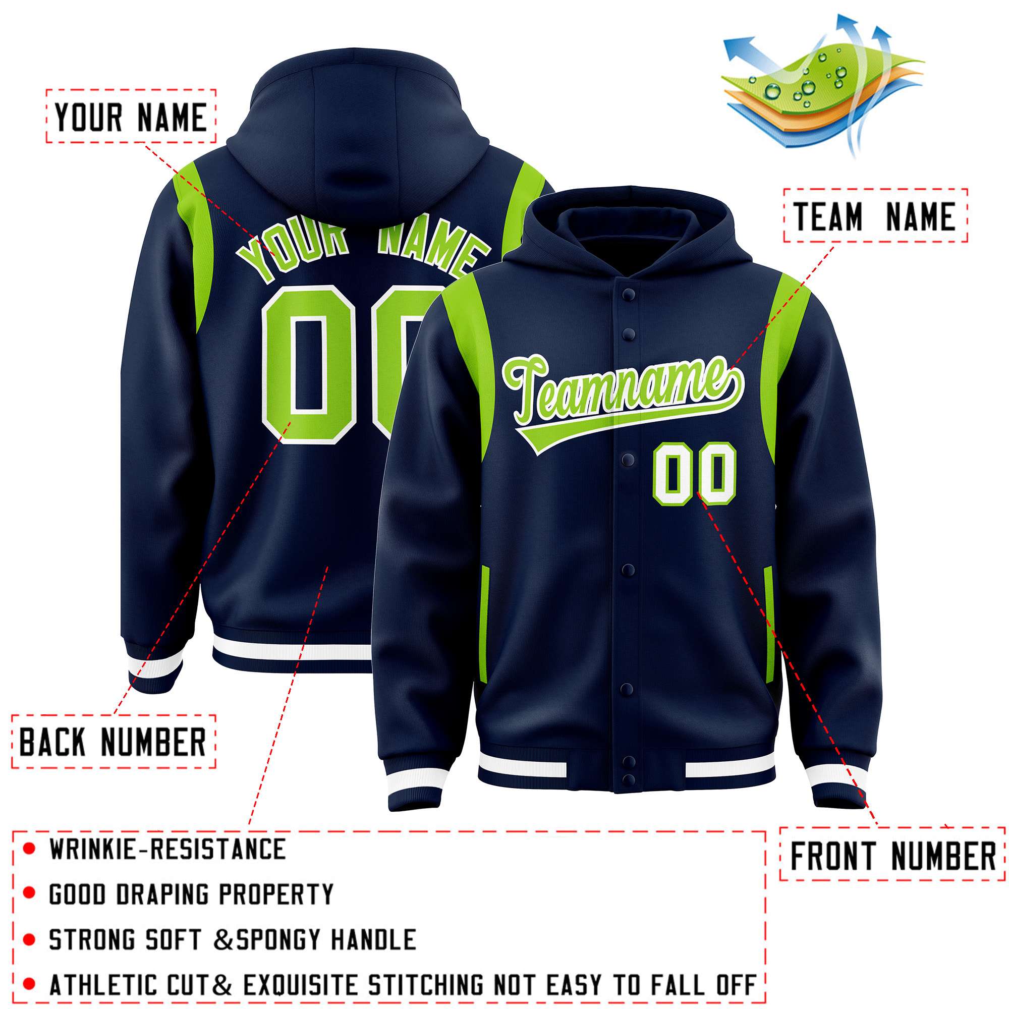 Custom Navy Neon Green Varsity Full-Snap Letterman Shoulder Color Block Hoodie Jacket