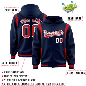 Custom Navy Red Varsity Full-Snap Letterman Shoulder Color Block Hoodie Jacket