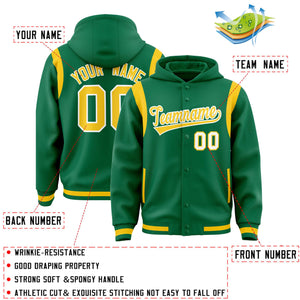 Custom Kelly Green Gold Varsity Full-Snap Letterman Shoulder Color Block Hoodie Jacket