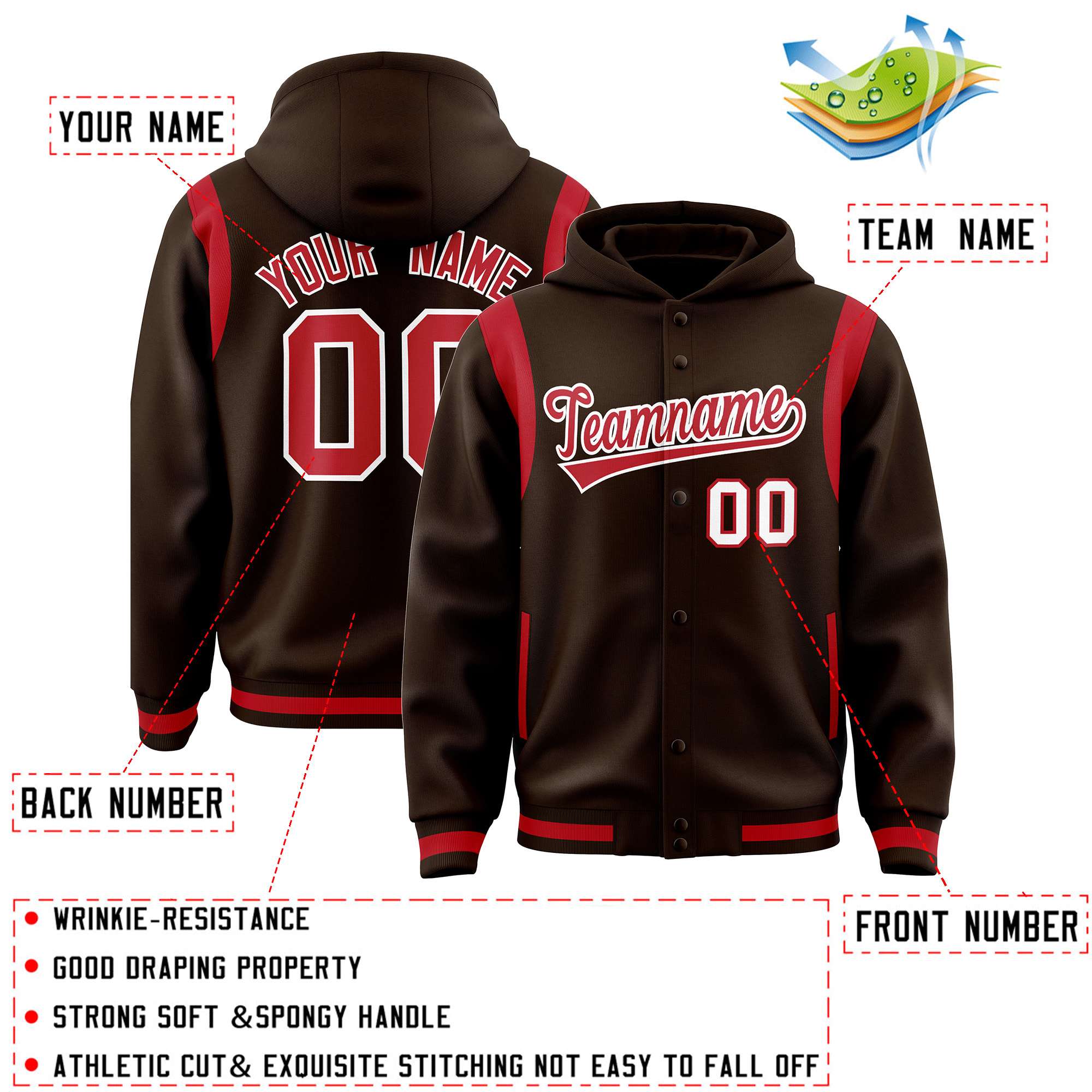 Custom Brown Red Varsity Full-Snap Letterman Shoulder Color Block Hoodie Jacket