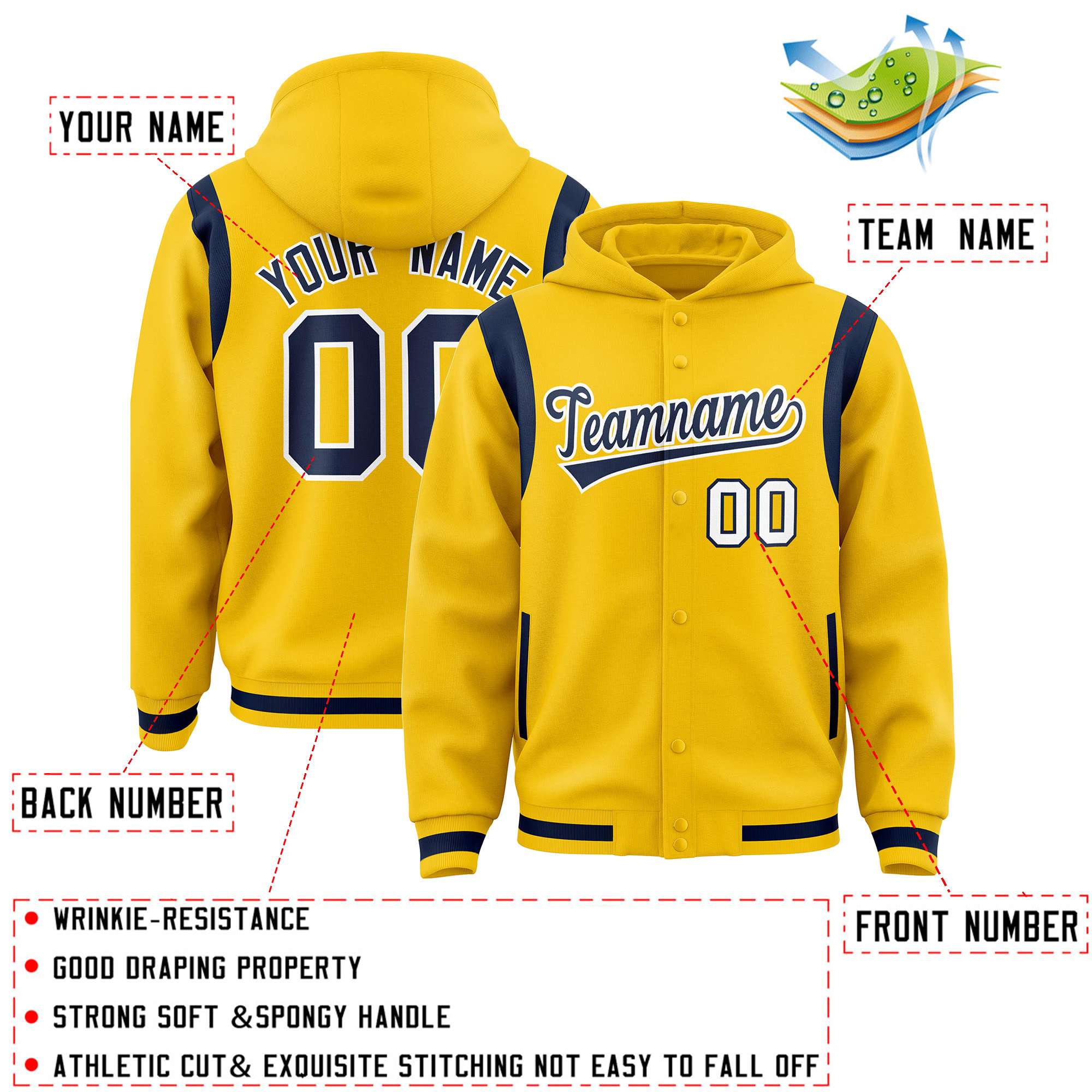 Custom Gold Navy Varsity Full-Snap Letterman Shoulder Color Block Hoodie Jacket