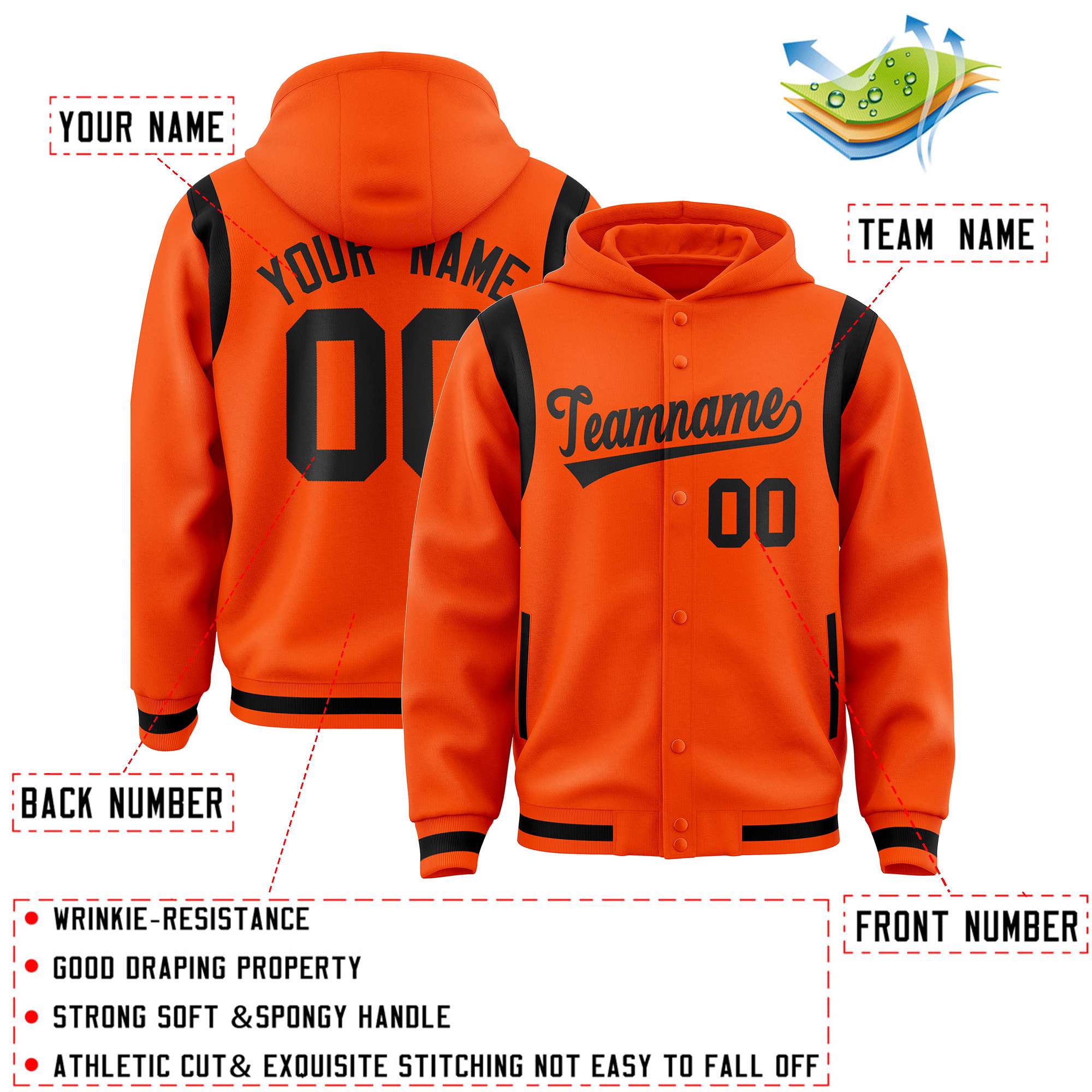 Custom Orange Black Varsity Full-Snap Letterman Shoulder Color Block Hoodie Jacket