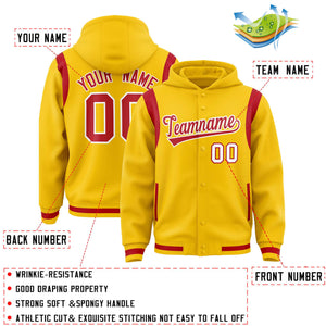 Custom Gold Red Varsity Full-Snap Letterman Shoulder Color Block Hoodie Jacket