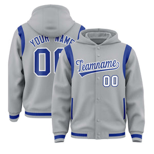 Custom Silver Royal Varsity Full-Snap Letterman Shoulder Color Block Hoodie Jacket