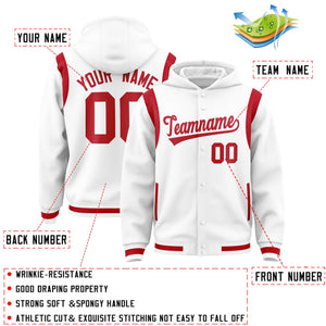 Custom White Red Varsity Full-Snap Letterman Shoulder Color Block Hoodie Jacket