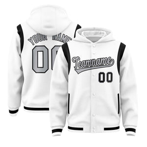 Custom White Silver Varsity Full-Snap Letterman Shoulder Color Block Hoodie Jacket