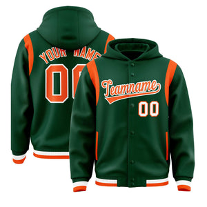 Custom Green Orange Varsity Full-Snap Letterman Shoulder Color Block Hoodie Jacket