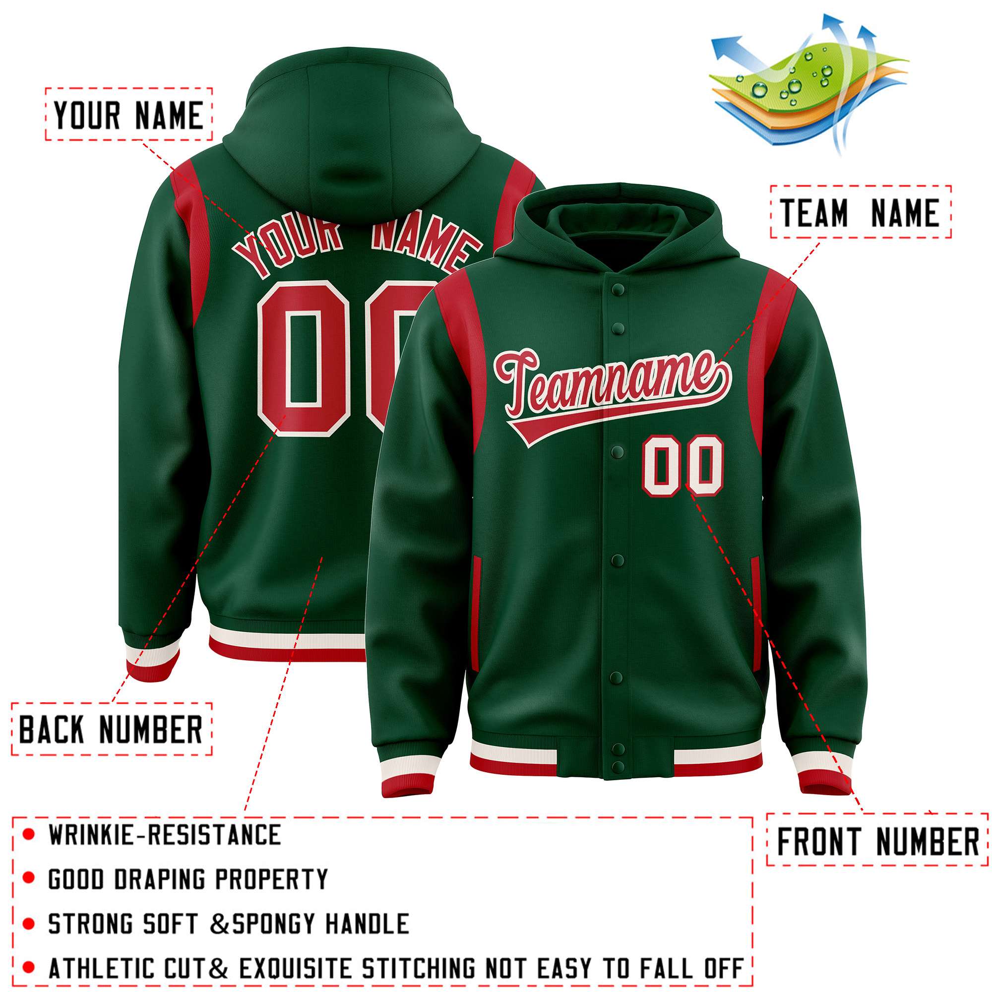 Custom Green Red Varsity Full-Snap Letterman Shoulder Color Block Hoodie Jacket