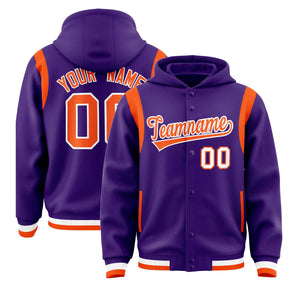 Custom Purple Orange Varsity Full-Snap Letterman Shoulder Color Block Hoodie Jacket