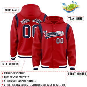 Custom Red Navy Varsity Full-Snap Letterman Shoulder Color Block Hoodie Jacket